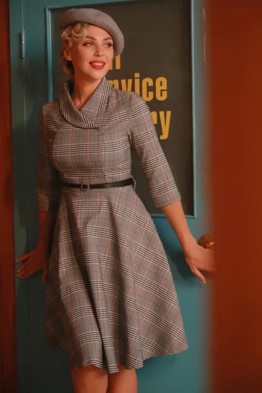 Dark Grey 3/4 Sleeves Vintage Plaid 1950s Swing Party Dress sold by Zapaka