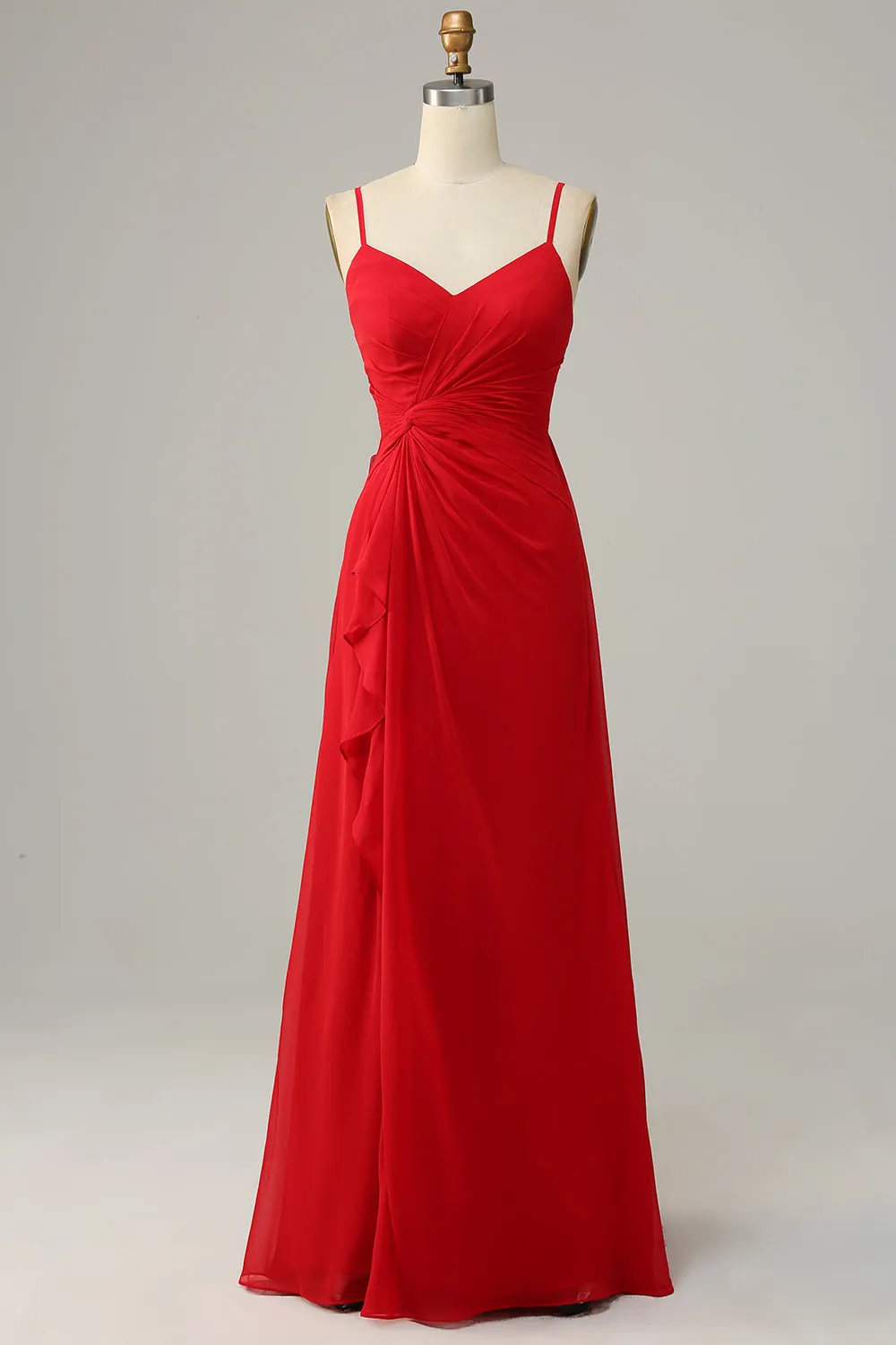 Red Spaghetti Straps A Line Bridesmaid Dress sold by Zapaka