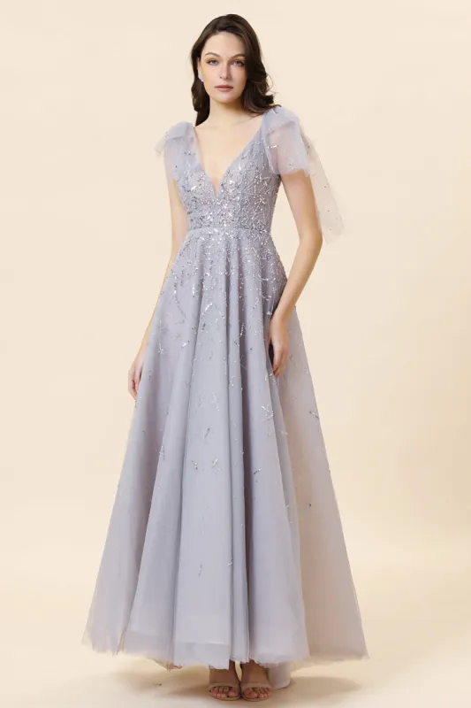 Sparkly Beaded Grey Long Tulle Prom Dress sold by Zapaka