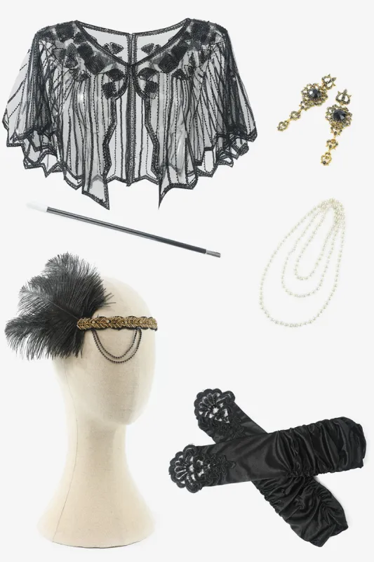 Black Six Pieces Wrap Headpiece 1920s Accessories Set sold by Zapaka