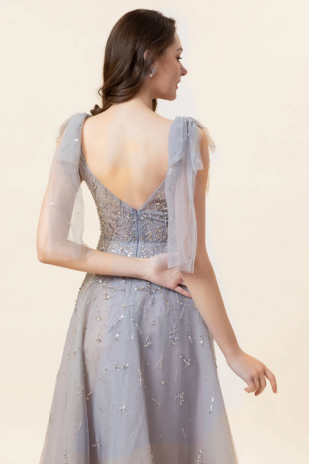 Sparkly Beaded Grey Long Tulle Prom Dress sold by Zapaka product image thumbnail 4