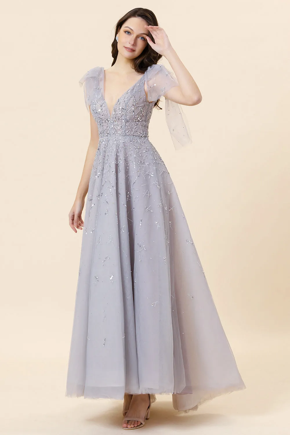 Sparkly Beaded Grey Long Tulle Prom Dress sold by Zapaka product image thumbnail 5