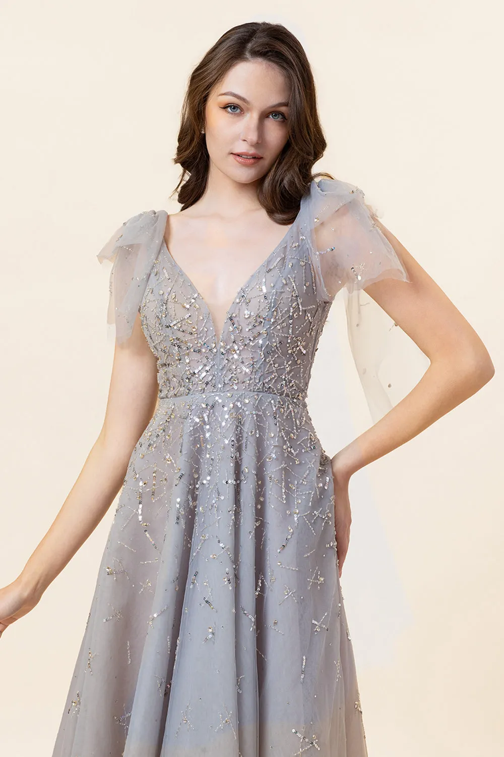Sparkly Beaded Grey Long Tulle Prom Dress sold by Zapaka product image thumbnail 3