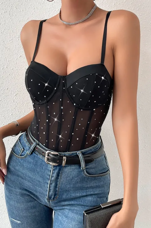 Sparkly Black Spaghetti Straps Corset Bodysuit sold by Zapaka