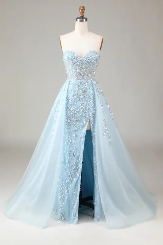 Corset Blue Strapless A Line Prom Dress with Slit sold by Zapaka
