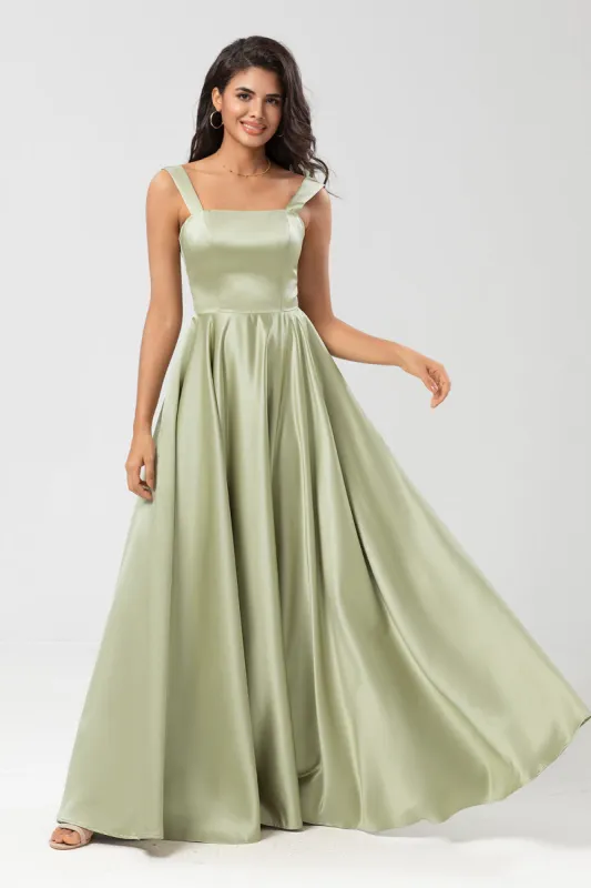 Satin A Line Green Bridesmaid Dress with Pockets made by Zapaka