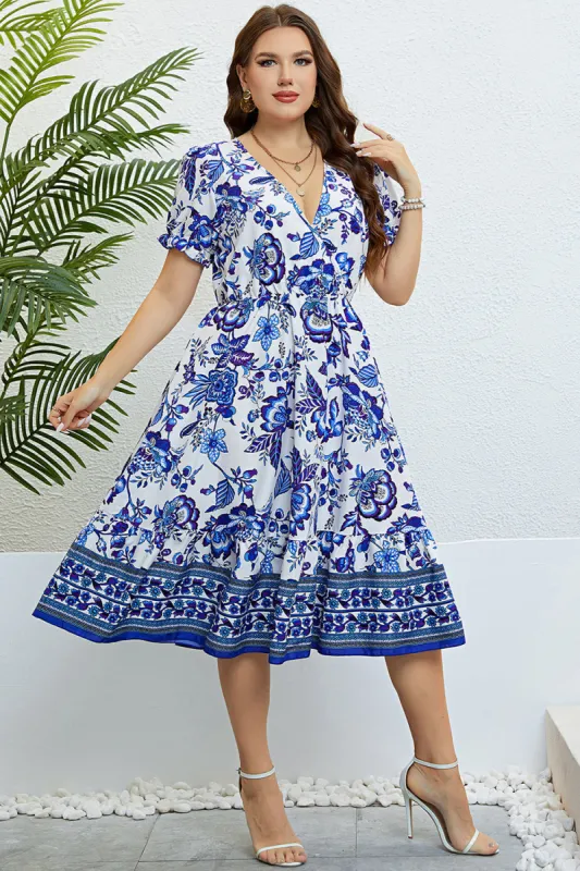 Blue V Neck Plus Size Summer Dress With Short Sleeves sold by Zapaka