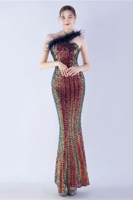 Metal One Shoulder Mermaid Sequin Formal Dress With Feather sold by Zapaka