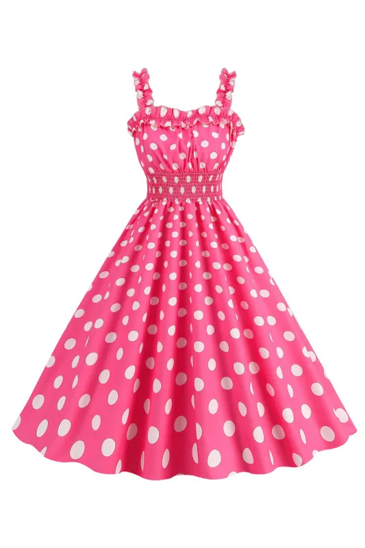 Pink Polka Dots A Line Smocked 1950s Dress sold by Zapaka