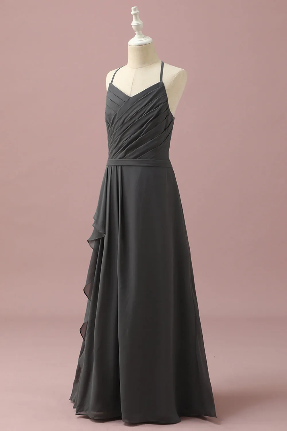 Black Halter Neck A-Line Junior Bridesmaid Dress With Cascading Ruffles sold by Zapaka product image thumbnail 3