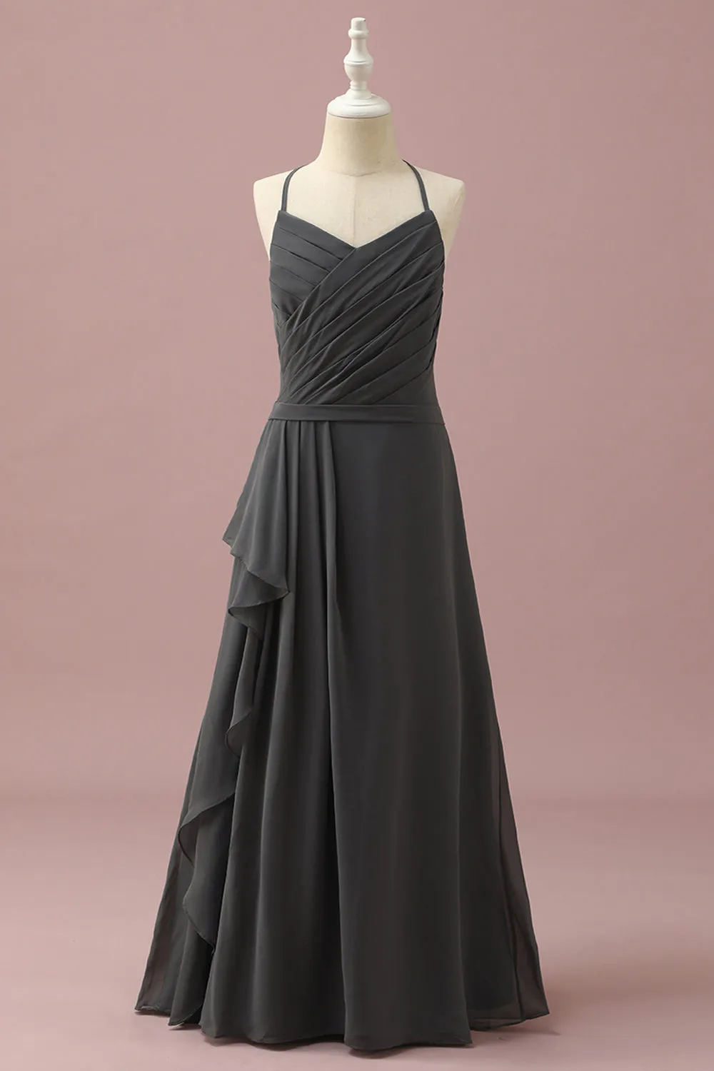 Black Halter Neck A-Line Junior Bridesmaid Dress With Cascading Ruffles sold by Zapaka