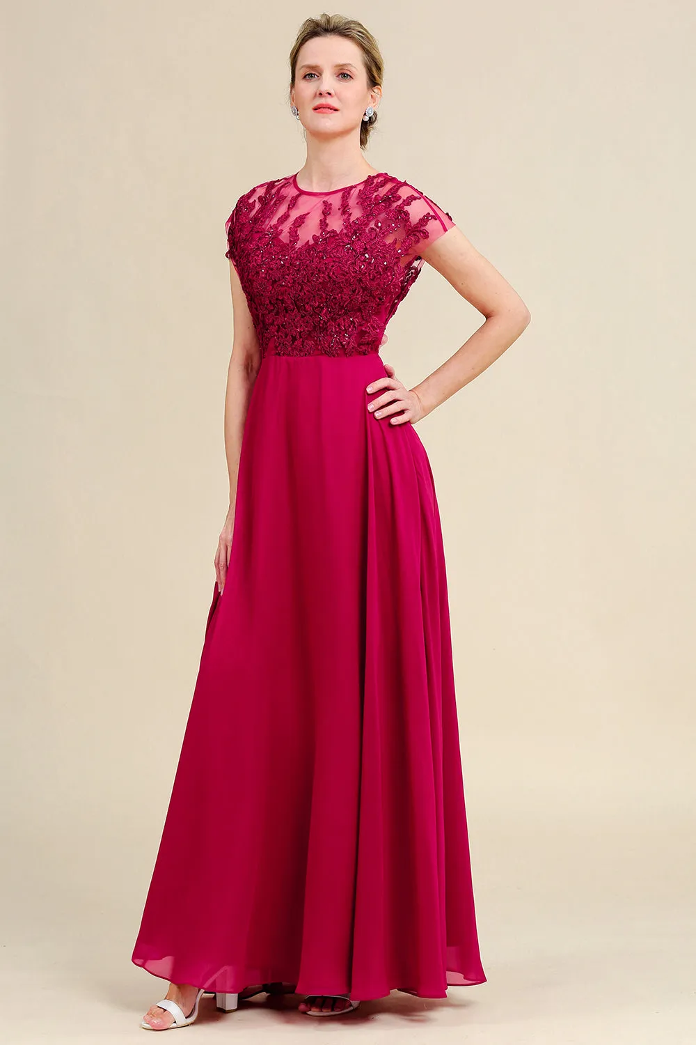 Burgundy A-Line Chiffon Mother of the Bride Dress with Lace sold by Zapaka product image thumbnail 4