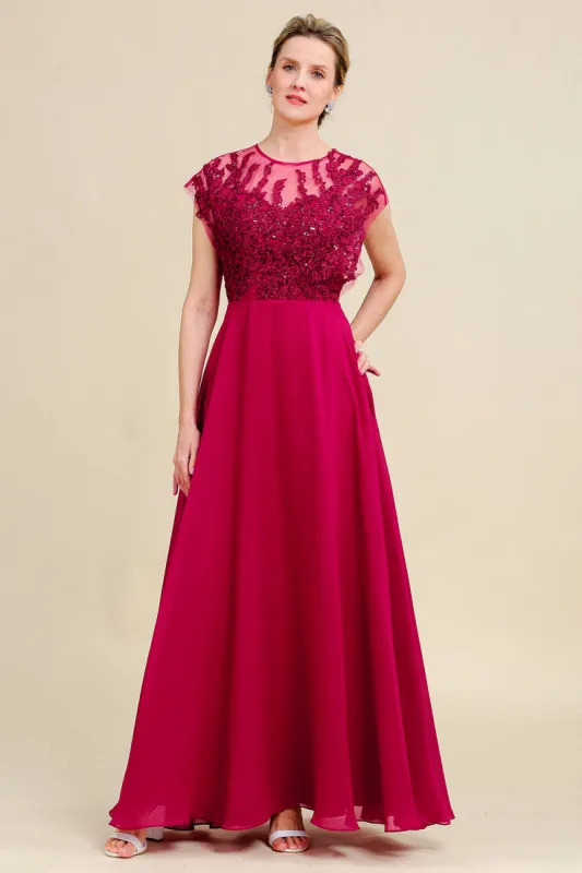 Burgundy A-Line Chiffon Mother of the Bride Dress with Lace sold by Zapaka