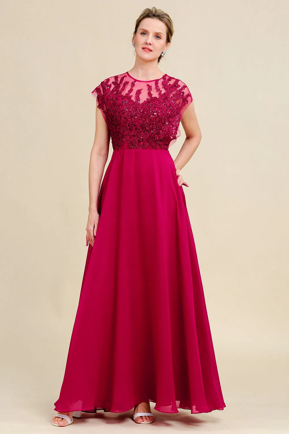 Burgundy A-Line Chiffon Mother of the Bride Dress with Lace sold by Zapaka