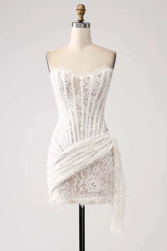 Classy Lace White Short Graduation Dress with Lace-up Back sold by Zapaka