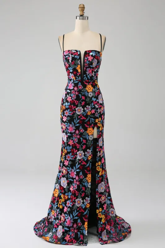 Mermaid Spaghetti Straps Black Flower Embroidered Prom Dress With Side Slit sold by Zapaka