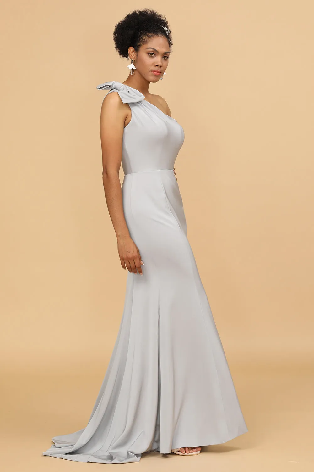 Grey Satin One Shoulder Mermaid Bridesmaid Dress With Bowknot sold by Zapaka product image thumbnail 3