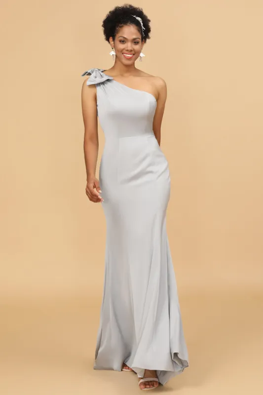 Grey Satin One Shoulder Mermaid Bridesmaid Dress With Bowknot sold by Zapaka