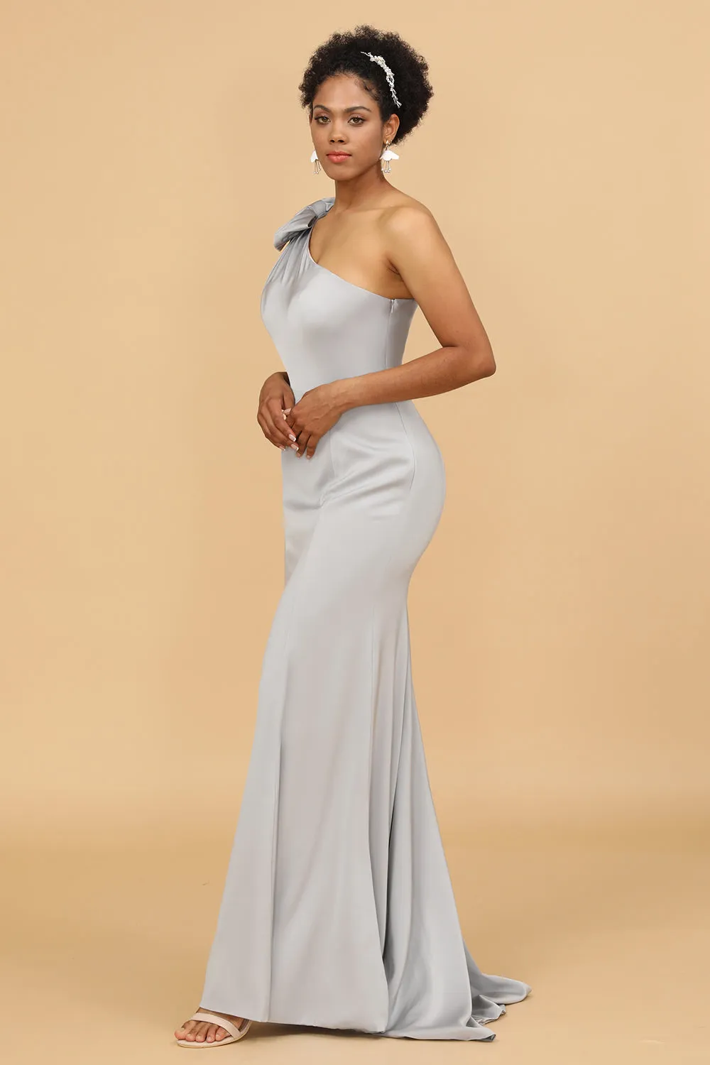 Grey Satin One Shoulder Mermaid Bridesmaid Dress With Bowknot sold by Zapaka product image thumbnail 5