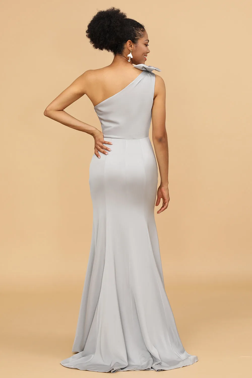 Grey Satin One Shoulder Mermaid Bridesmaid Dress With Bowknot sold by Zapaka product image thumbnail 2