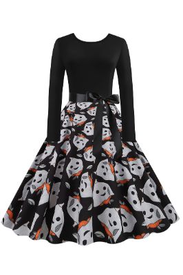 Vintage Crew Neck Long Sleeve Ghost Print Halloween Retro Dress made by Zapaka