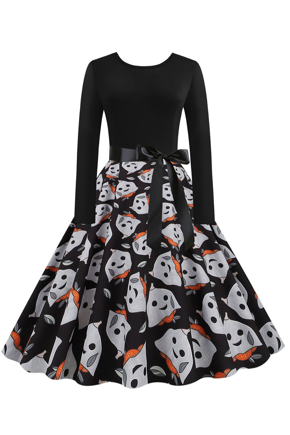 Vintage Crew Neck Long Sleeve Ghost Print Halloween Retro Dress sold by Zapaka