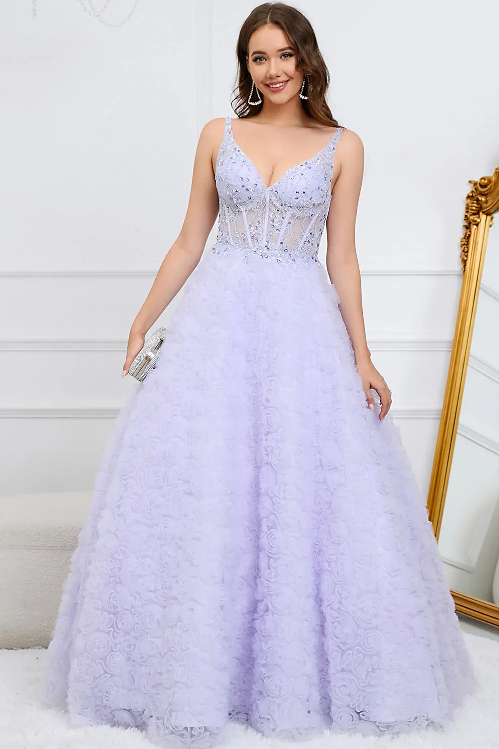 A Line V Neck Purple Long Prom Dress with 3D Flowers sold by Zapaka product image thumbnail 3