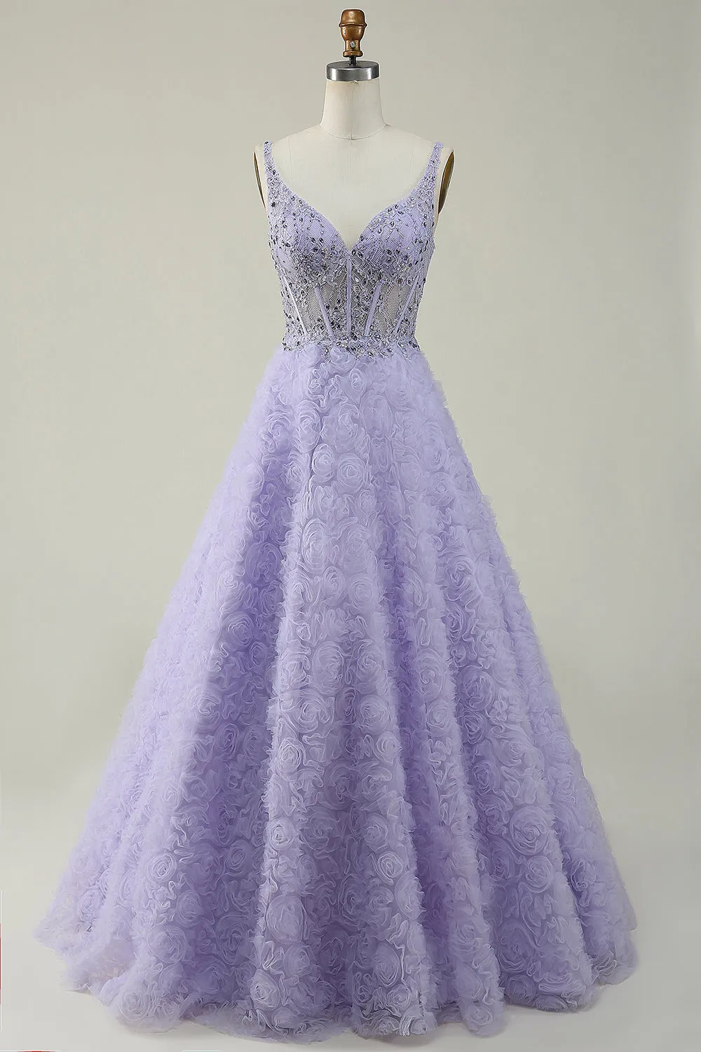 A Line V Neck Purple Long Prom Dress with 3D Flowers sold by Zapaka