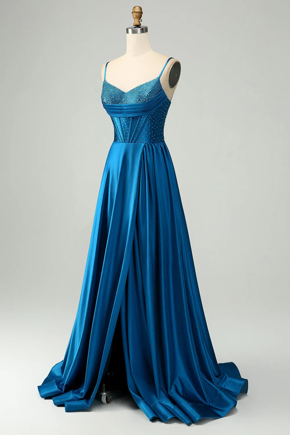 Sparkly Dark Blue A Line Corset Beaded Long Prom Dress With Slit sold by Zapaka product image thumbnail 3