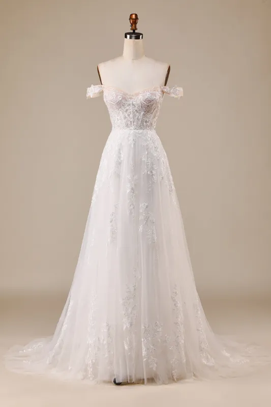 Ivory Detachable Off the Shoulder Corset Tulle Wedding Dress sold by Zapaka