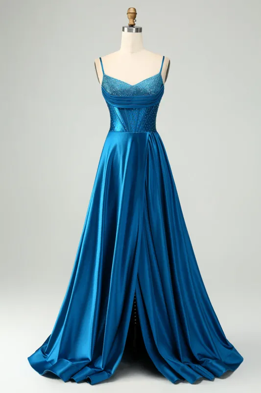 Sparkly Dark Blue A Line Corset Beaded Long Prom Dress With Slit sold by Zapaka