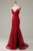 Dark Red Spaghetti Straps Mermaid Prom Dress with Slit sold by Zapaka
