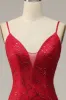 Dark Red Spaghetti Straps Mermaid Prom Dress with Slit sold by Zapaka
