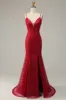 Dark Red Spaghetti Straps Mermaid Prom Dress with Slit sold by Zapaka