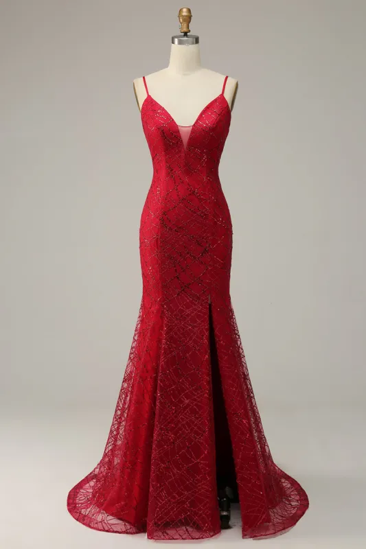 Dark Red Spaghetti Straps Mermaid Prom Dress with Slit sold by Zapaka