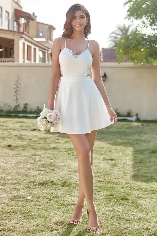 A Line Spaghetti Straps White Short Homecoming Dress with Keyhole sold by Zapaka