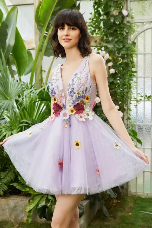 Purple Deep V Neck Open Back Homecoming Dress With 3D Flowers sold by Zapaka