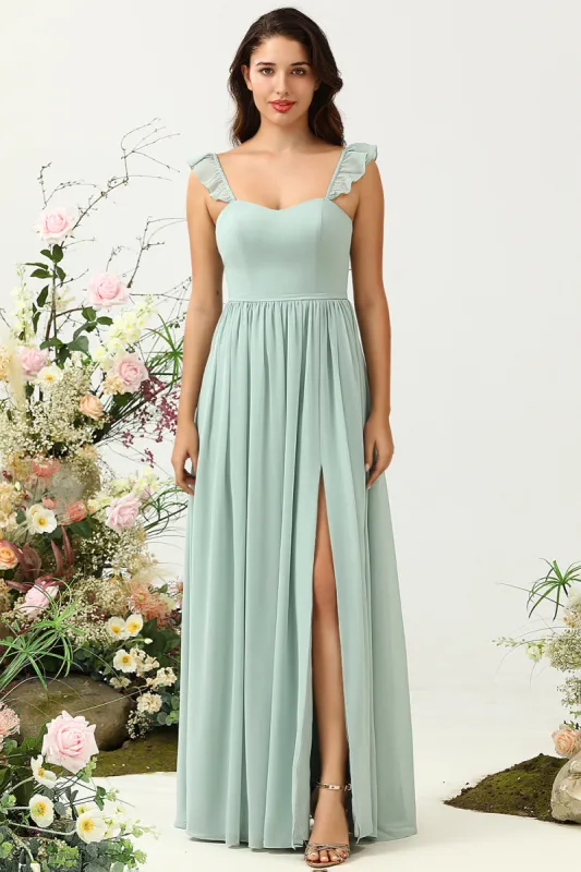 A Line Spaghetti Straps Dusty Sage Long Bridesmaid Dress with Ruffles sold by Zapaka