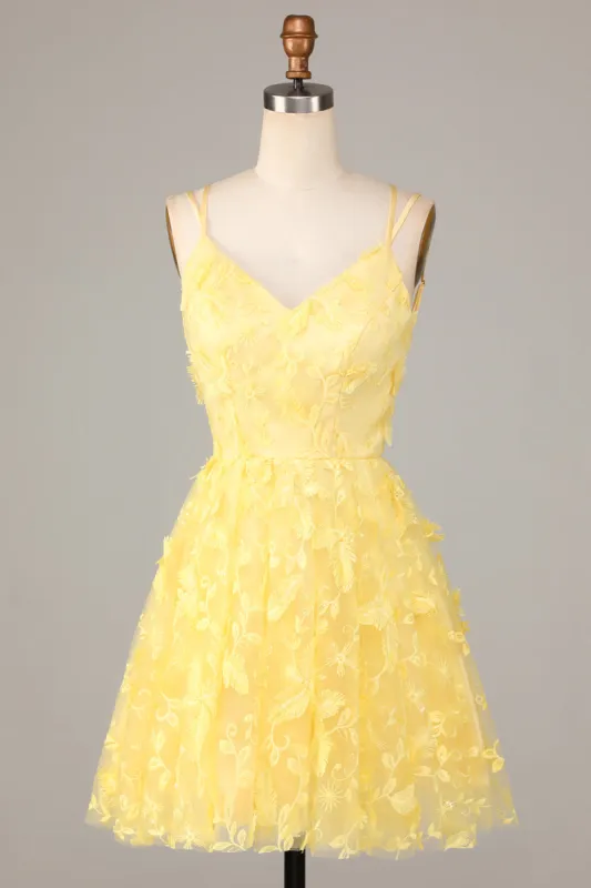 Keep Glowing A Line Spaghetti Straps Yellow Short Homecoming Dress with Appliques sold by Zapaka
