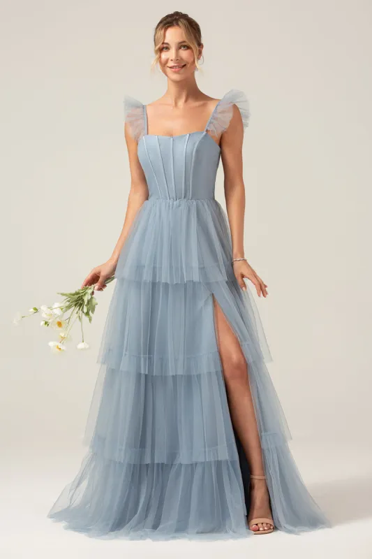 Detachable Straps A Line Tiered Long Dusty Blue Bridesmaid Dress sold by Zapaka