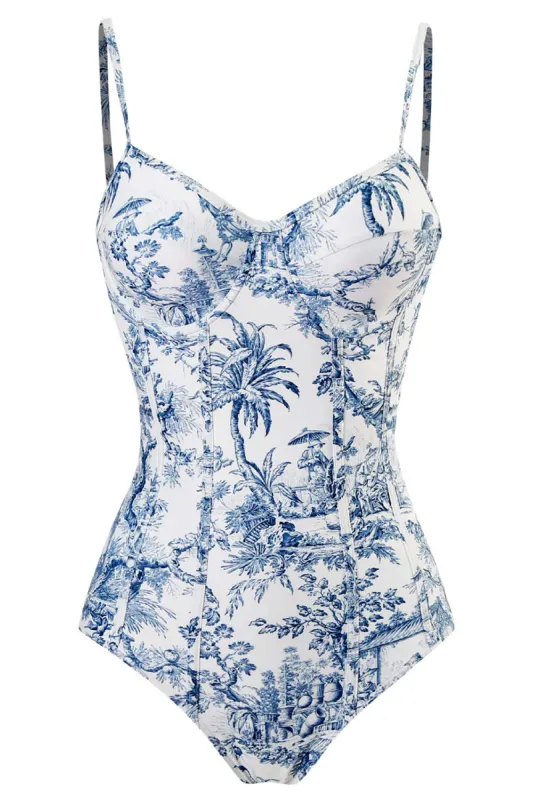 Blue Printed High Waist One Piece Swimwear made by Zapaka