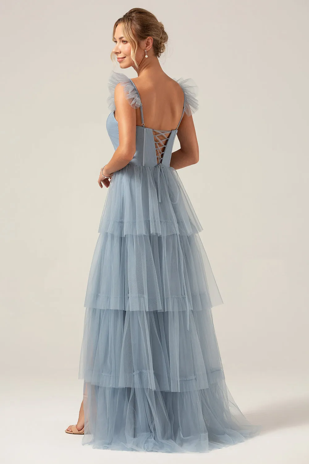 Detachable Straps A Line Tiered Long Dusty Blue Bridesmaid Dress sold by Zapaka product image thumbnail 2