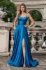 Sparkly Dark Blue A Line Pleated Corset Beaded Long Prom Dress With Slit sold by Zapaka