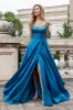 Sparkly Dark Blue A Line Pleated Corset Beaded Long Prom Dress With Slit sold by Zapaka