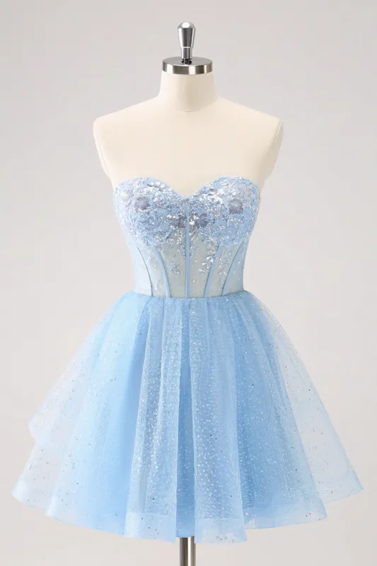 Sky Blue A Line Sweetheat Corset Tulle Homecoming Dress with Sequins sold by Zapaka