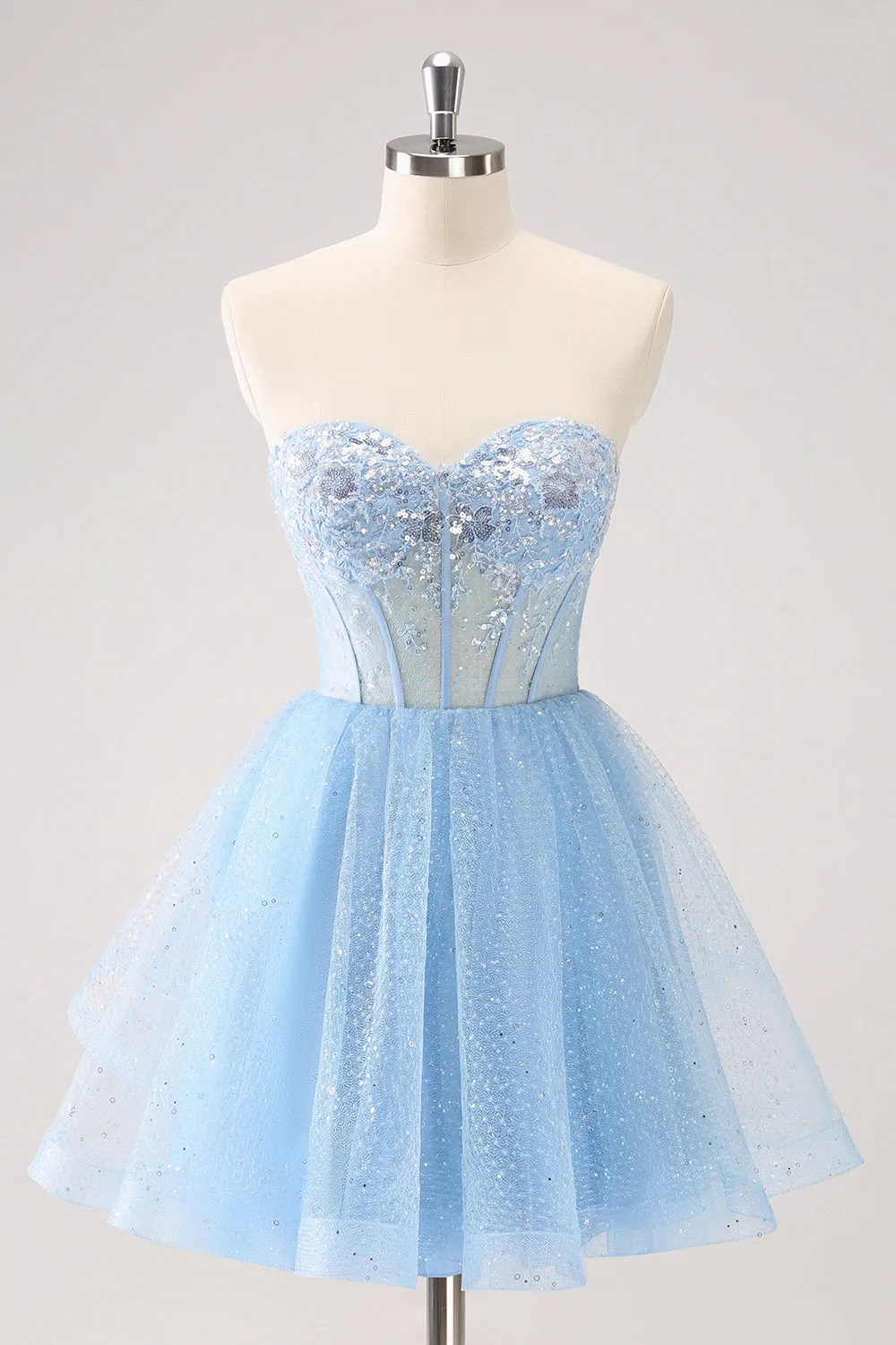 Sky Blue A Line Sweetheat Corset Tulle Homecoming Dress with Sequins sold by Zapaka