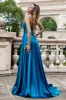 Sparkly Dark Blue A Line Pleated Corset Beaded Long Prom Dress With Slit sold by Zapaka