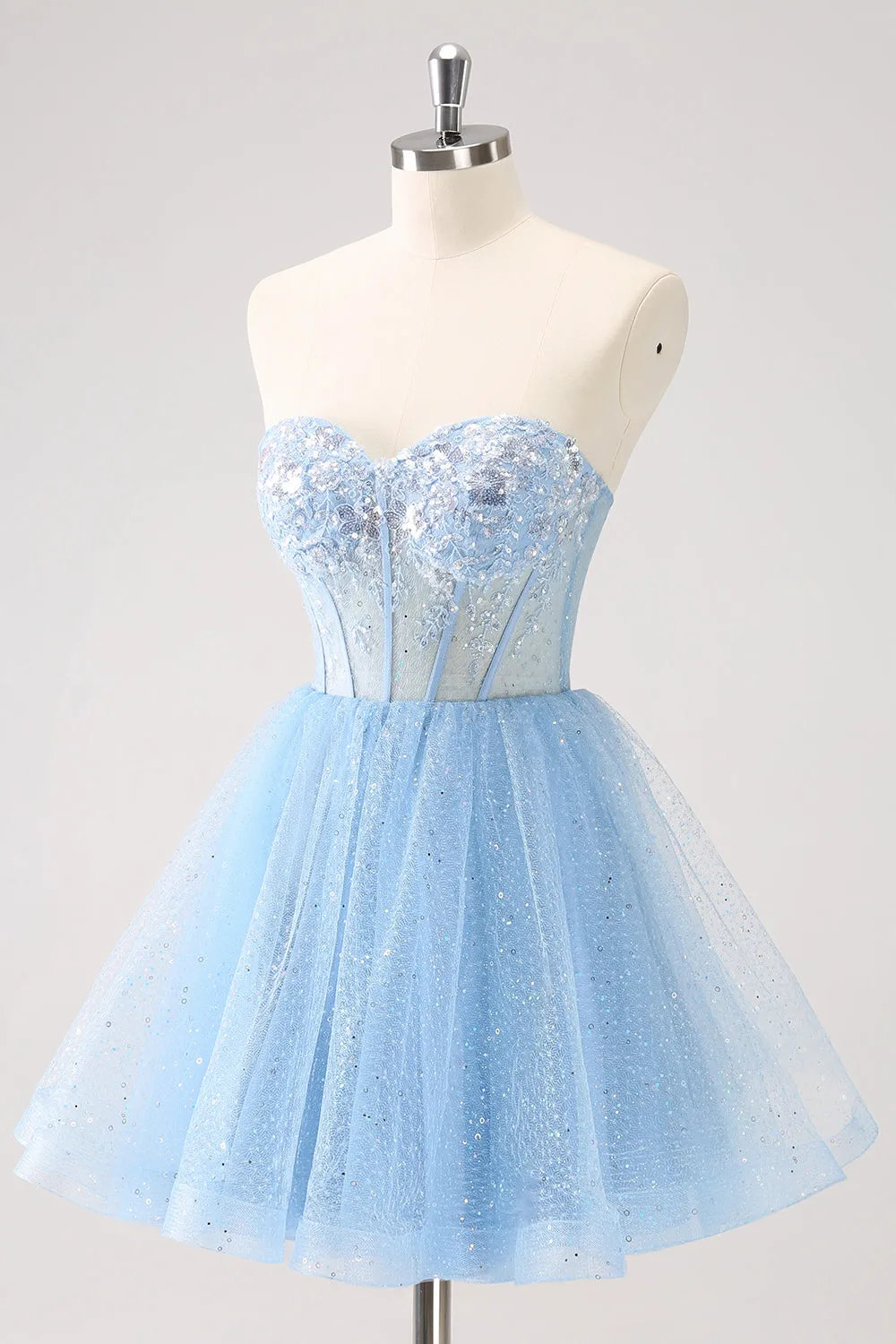 Sky Blue A Line Sweetheat Corset Tulle Homecoming Dress with Sequins sold by Zapaka product image thumbnail 3