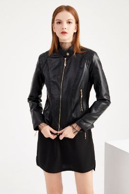 Black Stand Collar Zipper Moto Biker Jacket sold by Zapaka