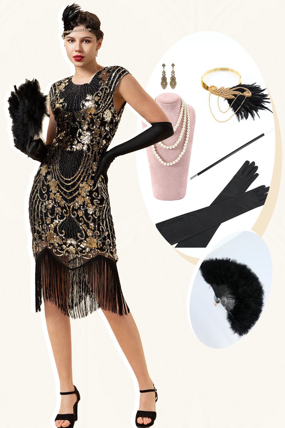 Black and Golden Cap Sleeves Sequined Fringes 1920s Gatsby Flapper Dress with 20s Accessories Set sold by Zapaka